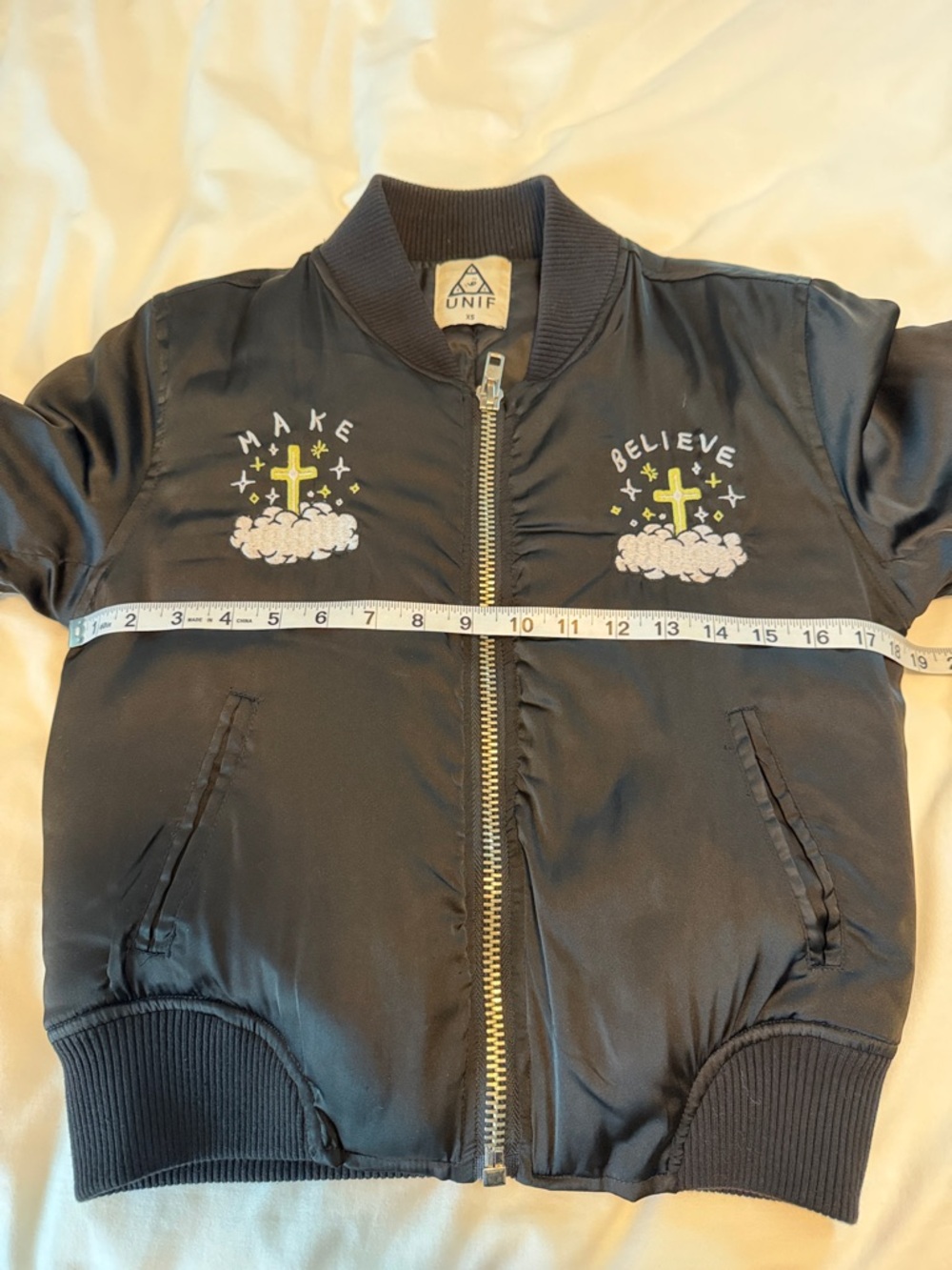 Rare! UNIF Black Embroidered Hardcore Bomber Jacket XS Unisex Y2K - Picture 16 of 16